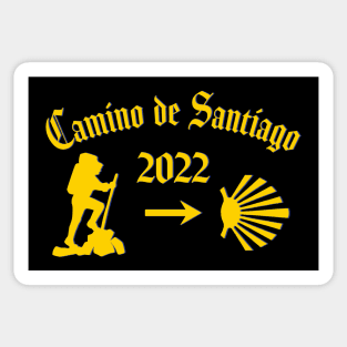 Camino de Santiago de Compostela male pilgrim 2022 with Yellow Arrow Scallop Shell Sticker